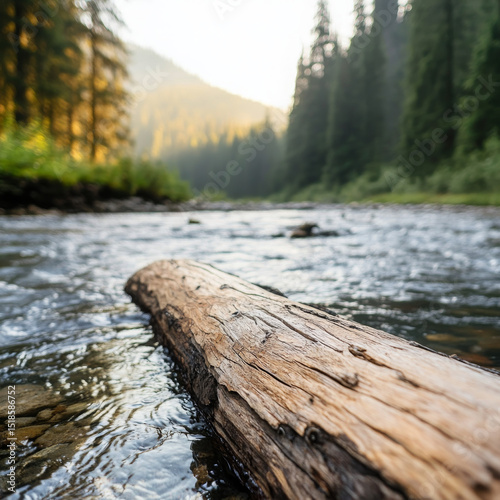 Sun-bleached log resting in a tranquil river surrounded by trees  