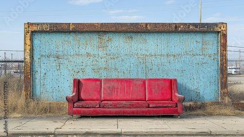 Abandoned couch on sidewalk with distressed wall