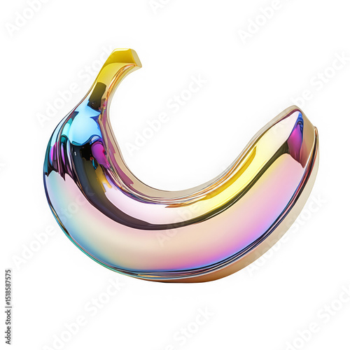 Melting chrome banana in holographic Y2K design. Iridescent pastel tones, shiny liquid metal surface, shape with a dreamy reflective glow.