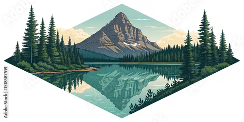 a scenery with a lake and pin trees and a big rocky mountain all in the shape of a elongated diamond shape