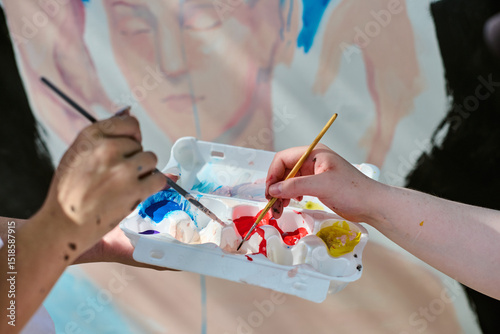 Two young adults, one male, one female, painting mural outdoors. Warm daylight illuminates scene. Palette of vivid red, blue shades visible. Energetic, creative atmosphere