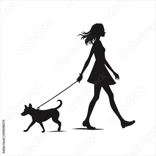 Silhouette of a woman walking a dog on a leash in black and white design