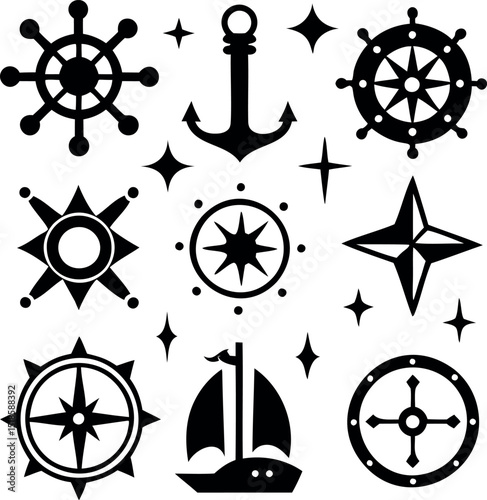 Nautical themed design with ship, wheel, anchor, compass and stars