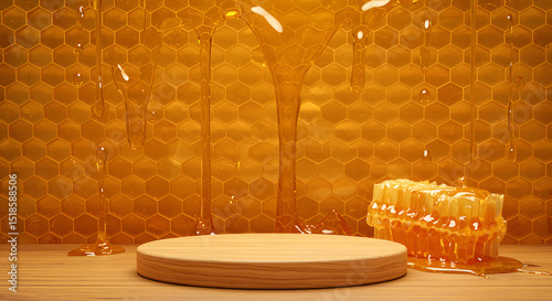 wooden podium with honey drip on juicy oozy honeycomb wall background for product display