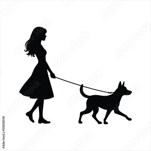 Silhouette of a woman walking her dog on a leash in a simple black and white design