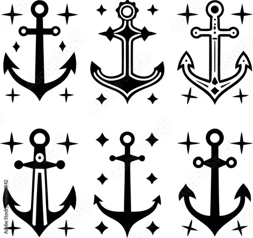 Variety of Bold Black and White Anchor Designs with Star Accents