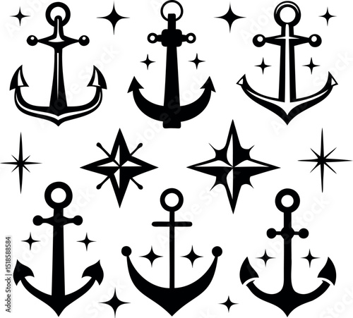 Nautical set with anchors and stars in black and white color