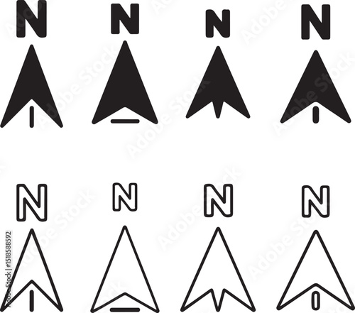 North Directional Compass Point Symbols Set in Black and White on Transparent Background