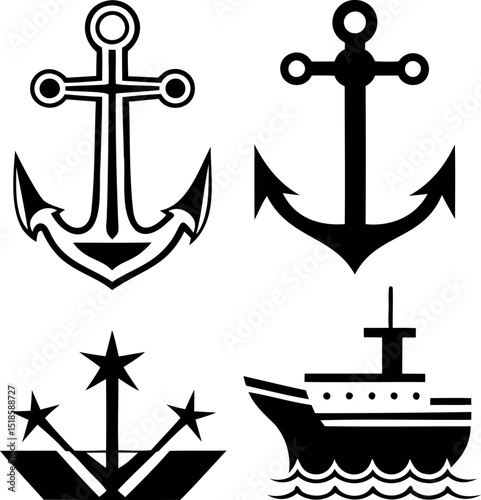Set of nautical icons depicting anchors, stars on boat and ship on waves