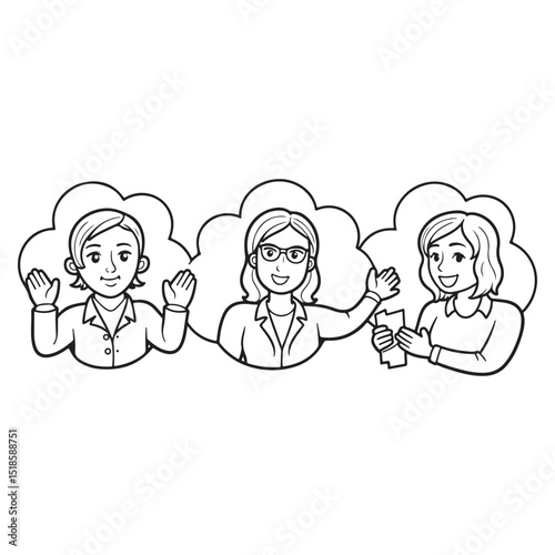 Three women waving greetings and holding a document in outline cloud bubble vector illustration