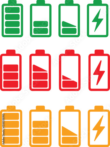 Battery Icon Set Green, Red, Yellow States with Charge Levels on White Background