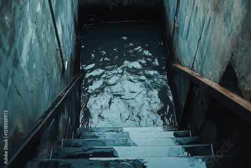 Flooded Basement with Water Covering Floor and Stairs Leading Down to the Wet Area