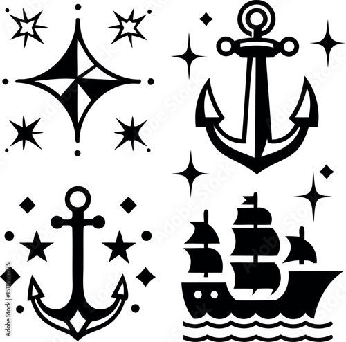 Nautical themed icons with anchors, a ship and stars, perfect for tattoos