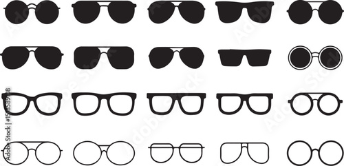 Collection of Eye Glasses and Sunglasses in Black Silhouette on Transparent Background