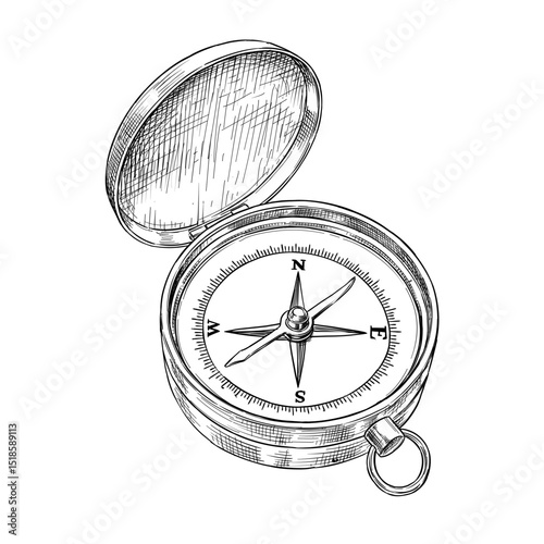 vintage pocket compass vector line art hand drawn illustration