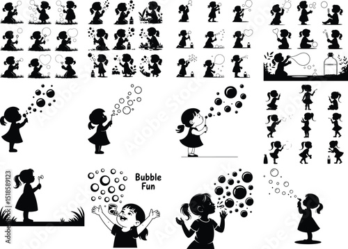 Girl Blowing Bubbles Silhouette Set – Whimsical Childhood Moments Bubble Girl Silhouette Vector Collection – Playful Clipart Pack