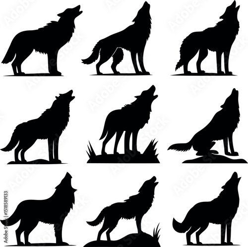 Nine howling wolf silhouettes in different stances against a white background