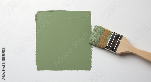 A freshly painted square swatch of muted, earthy green paint is displayed on a clean white background, accompanied by a classic wooden-handled paintbrush.