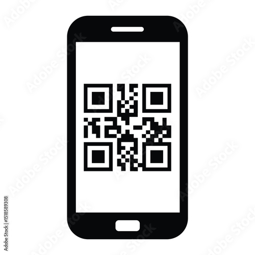 Minimalist black outline smartphone held vertically. Screen displays centered black and white QR code. Straight-on view, clean illustrative style. Isolated on white, no background. Simple digital tech