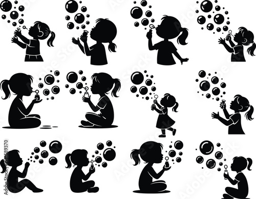 Girl Blowing Bubbles Silhouette Set – Whimsical Childhood Moments Bubble Girl Silhouette Vector Collection – Playful Clipart Pack