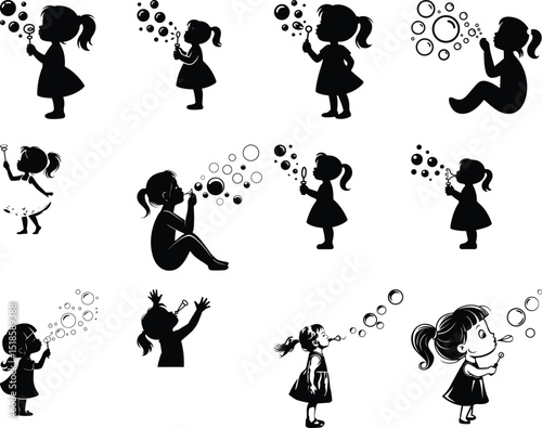 Girl Blowing Bubbles Silhouette Set – Whimsical Childhood Moments Bubble Girl Silhouette Vector Collection – Playful Clipart Pack