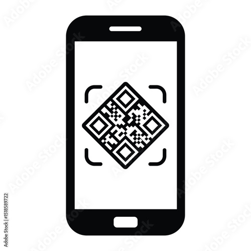 Minimalist black outline smartphone held vertically. Screen displays centered black and white QR code. Straight-on view, clean illustrative style. Isolated on white, no background. Simple digital tech