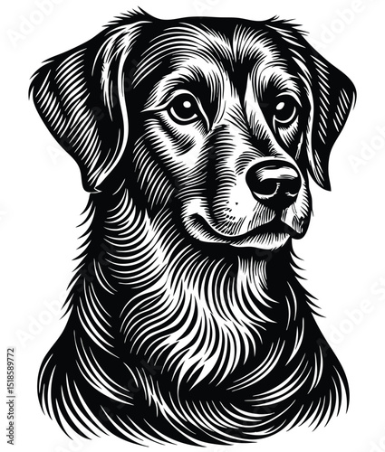 Dog Joyful illustration featuring intricate fur texture, expressive eyes, generative AI vector sketch in a scratchboard engraving style. Rendered in black and white.