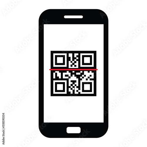 Minimalist black outline smartphone held vertically. Screen displays centered black and white QR code. Straight-on view, clean illustrative style. Isolated on white, no background. Simple digital tech