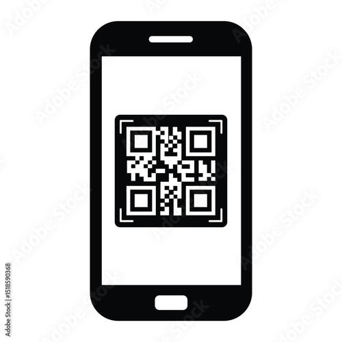 Minimalist black outline smartphone held vertically. Screen displays centered black and white QR code. Straight-on view, clean illustrative style. Isolated on white, no background. Simple digital tech