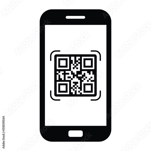 Minimalist black outline smartphone held vertically. Screen displays centered black and white QR code. Straight-on view, clean illustrative style. Isolated on white, no background. Simple digital tech