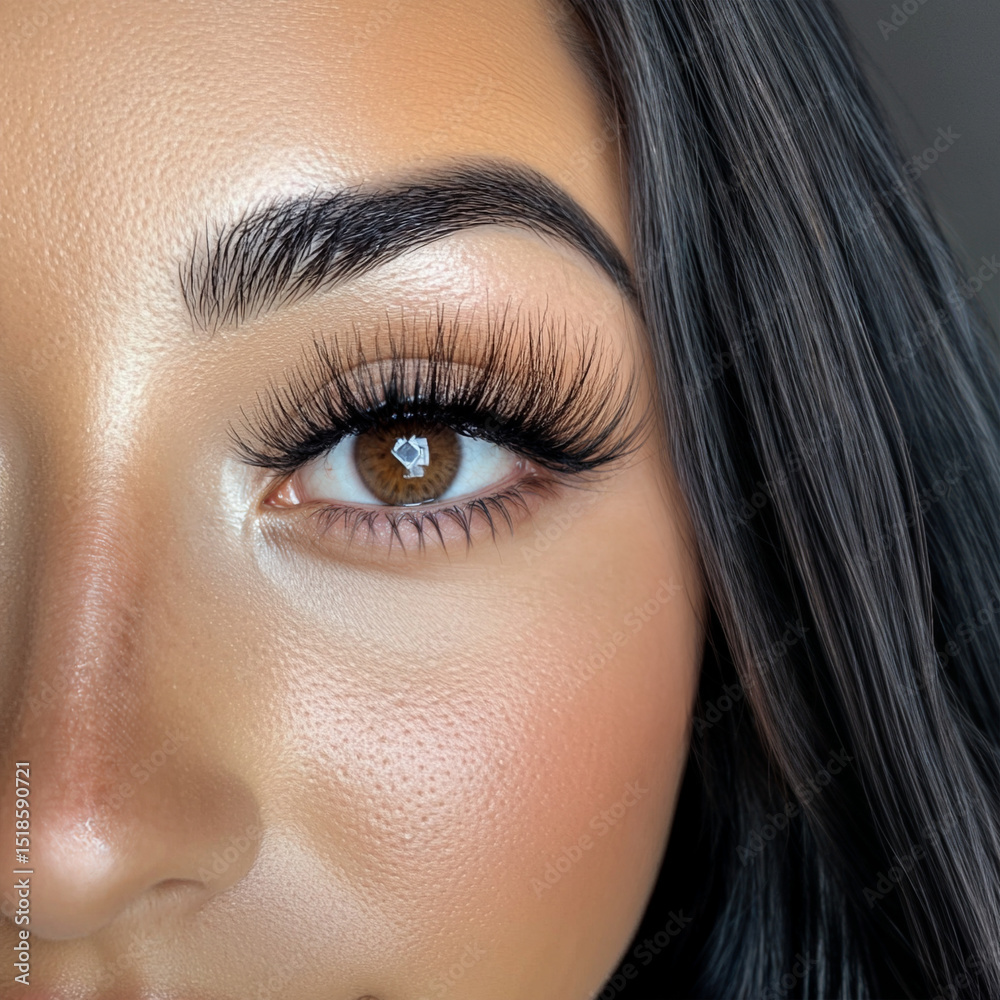 Fototapeta premium Close-Up of Wispy Mega Volume Lash Extensions on Model, Fluffy Eyelashes, Brown Eyes, Glam Eye Makeup, Lash Tech Client Photo, Natural Looking Lash Set
