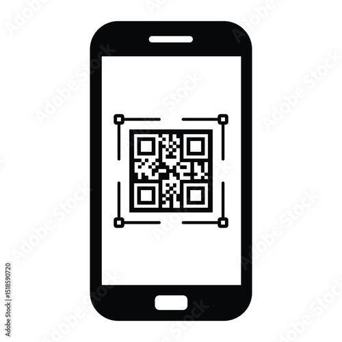 Minimalist black outline smartphone held vertically. Screen displays centered black and white QR code. Straight-on view, clean illustrative style. Isolated on white, no background. Simple digital tech