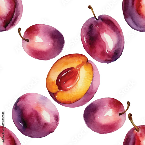 Summer Fruits Seamless Watercolour Plum Pattern on Transparent Background.