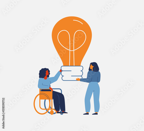 Sharing ideas and knowledge with others. Two women hold big light bulb together. Entrepreneurs have creative business solution or start up. Vector illustration