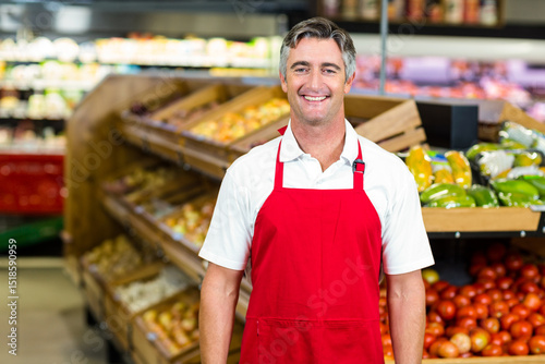 Smiling male grocery store employee wearing red apron standing in produce aisle with green peppers