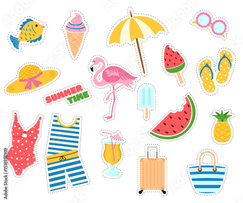 Set of summer stickers with a border in dashed lines. Flat vector illustration. Summertime, vacation mood. Fish, ice cream, an umbrella, sunglasses, a hut, a flamingo, a watermelon, a cocktail,