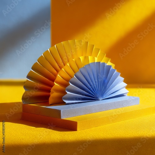 Abstract Paper Fans on Yellow and Blue Background with Playful Shadows, Creating a Dynamic and Colorful Composition.