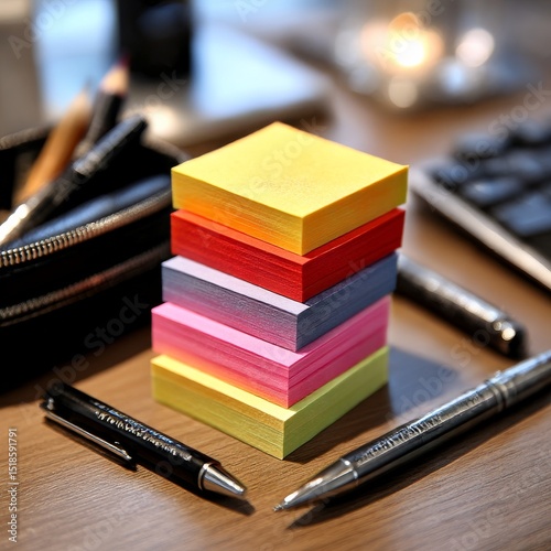 Colorful Stack of Sticky Notes and Pens on Wooden Desk, Office Stationery Still Life
