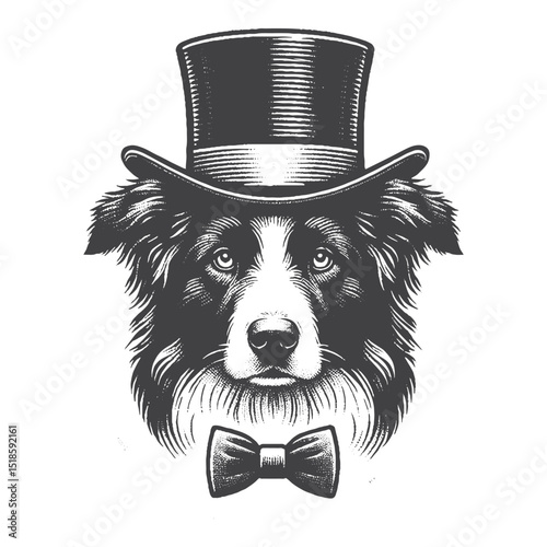 Vintage Hand-Drawn Border Collie In Magician Outfit Illustration – Fantasy Dog Engraved Style Vector for T-Shirts, Posters, Stickers, and Magical Themes Apparel