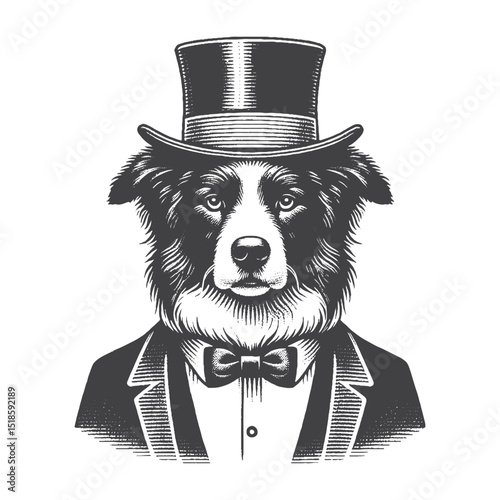Vintage Hand-Drawn Border Collie In Magician Outfit Illustration – Fantasy Dog Engraved Style Vector for T-Shirts, Posters, Stickers, and Magical Themes Apparel