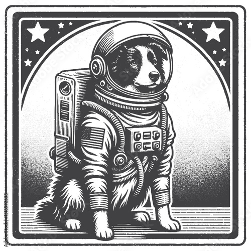 Vintage Hand-Drawn Border Collie Dressed As Astronaut Illustration – Space Dog Engraved Style Vector for T-Shirts, Posters, Stickers, and Sci-Fi Themes Apparel