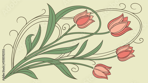 Elegant floral illustration featuring stylized tulips and ornamental swirls suitable for diverse creative designs