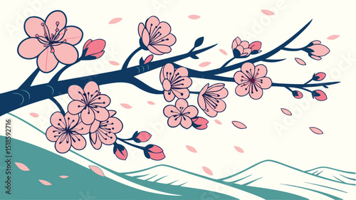 Delicate pink cherry blossom branch illustration featuring blooming flowers and falling petals with transparency suitable for design use
