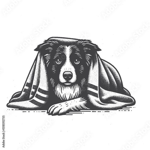 Vintage Hand-Drawn Border Collie In The Blanket Illustration – Cozy Dog Engraved Style Vector for T-Shirts, Posters, Stickers, and Home Comfort Themes Apparel