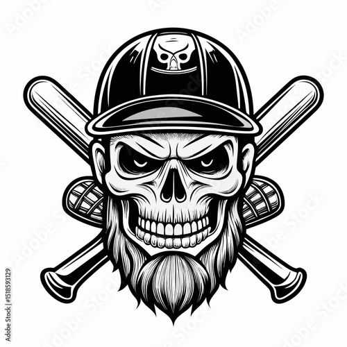 Bearded Skull Baseball Player with Crossed Bats Graphic Design