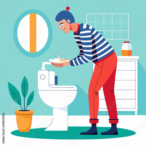 Man in Striped Shirt Using a Bidet in a Modern Bathroom