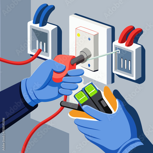 Electrician Installing Electrical Wires and Testing Circuit Breaker