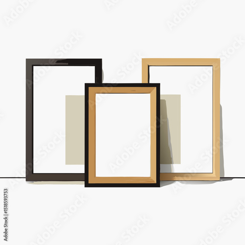 Three Empty Picture Frames on White Background Mockup