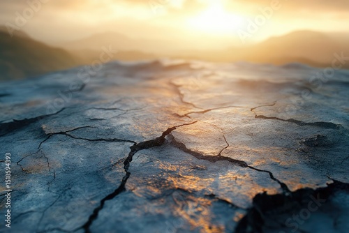 Cracked earth stretches to the horizon, bathed in the warm light of a desert sunset over distant mountains.