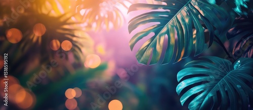 Serene tropical background with vibrant green monstera and palm leaves bathed in warm sunset hues and shimmering bokeh effects. Perfect for nature, relaxation or exotic themes